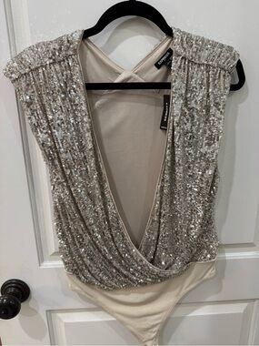 Express Gold Silver Sequin Body Suit V-Neck Short Sleeve